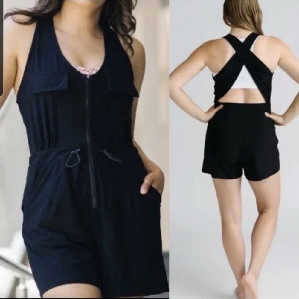 Zyia Romper Black Open Back Cinch Waist Slimming Sexy Zip-Up/Cover-Up Pockets Xl